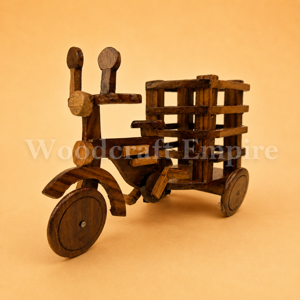 Handcrafted Miniature Wooden Tricycle Decor with Basket