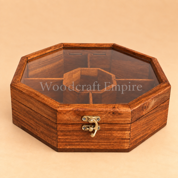Octagonal Wooden Multi-Compartment Organizer Box with Glass Lid
