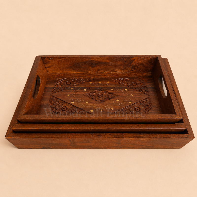 Hand-Carved Floral Wooden Trays Set