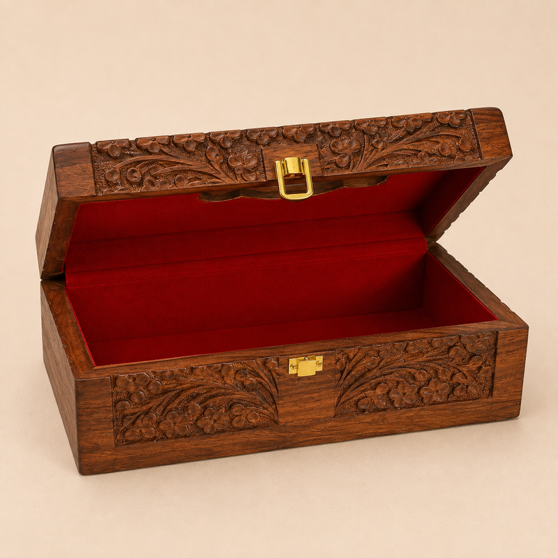 Hand-Carved Wooden Keepsake Box with Red Velvet Lining