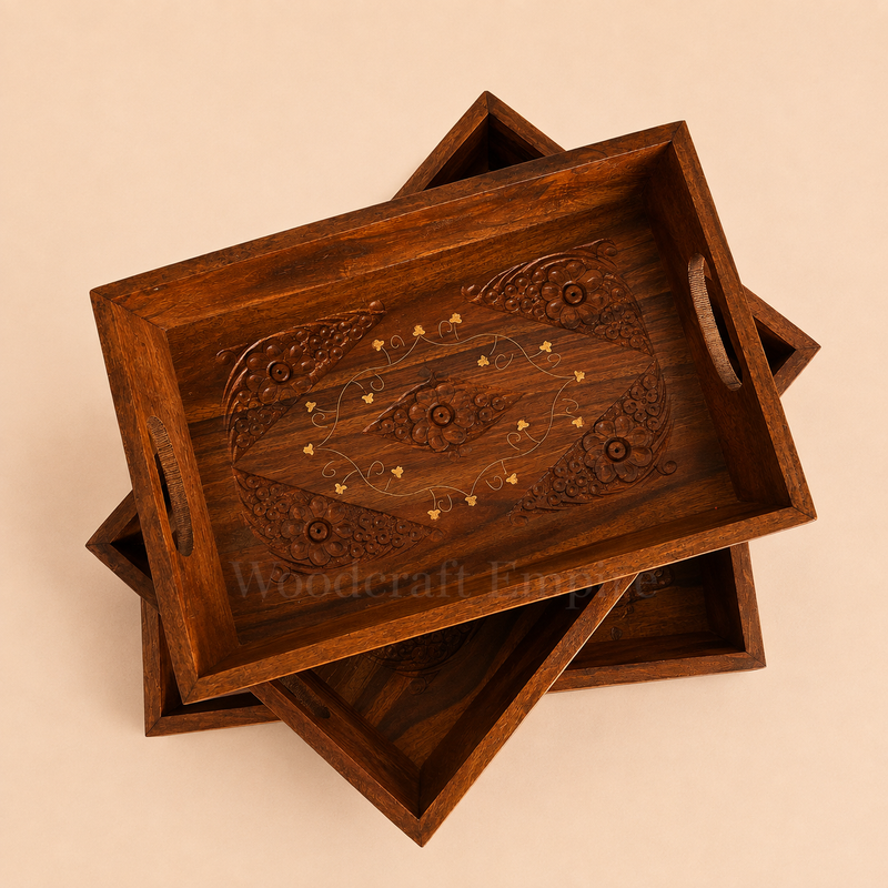 Hand-Carved Floral Wooden Trays Set