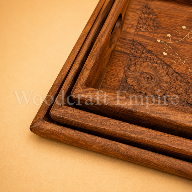 Hand-Carved Wooden Nesting Trays with Brass Inlay