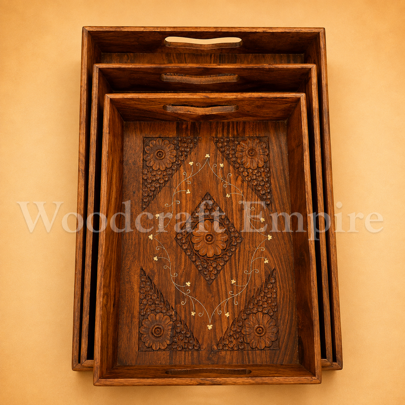 Hand-Carved Wooden Nesting Trays with Brass Inlay