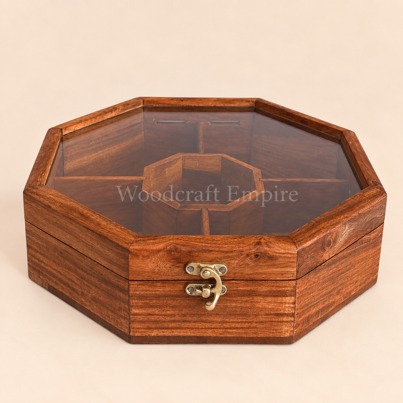Octagonal Wooden Multi-Compartment Organizer Box with Glass Lid