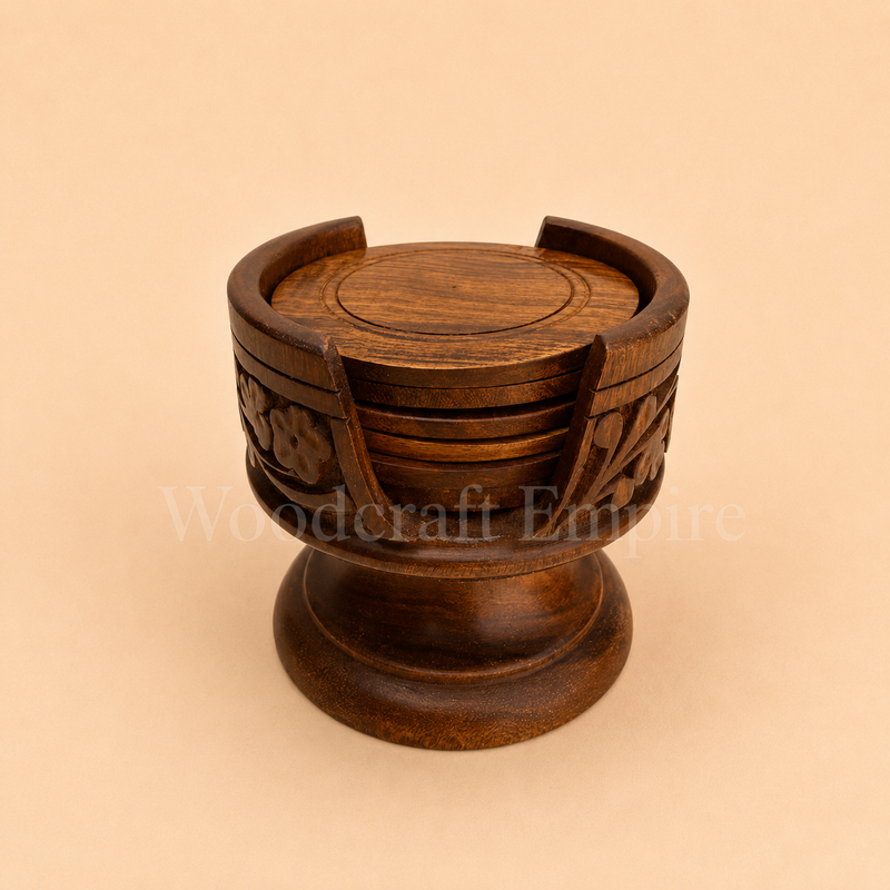 Handcrafted Wooden Coaster Set with Floral Carved Holder