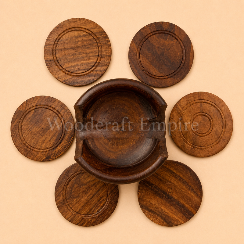 Handcrafted Wooden Coaster Set with Floral Carved Holder