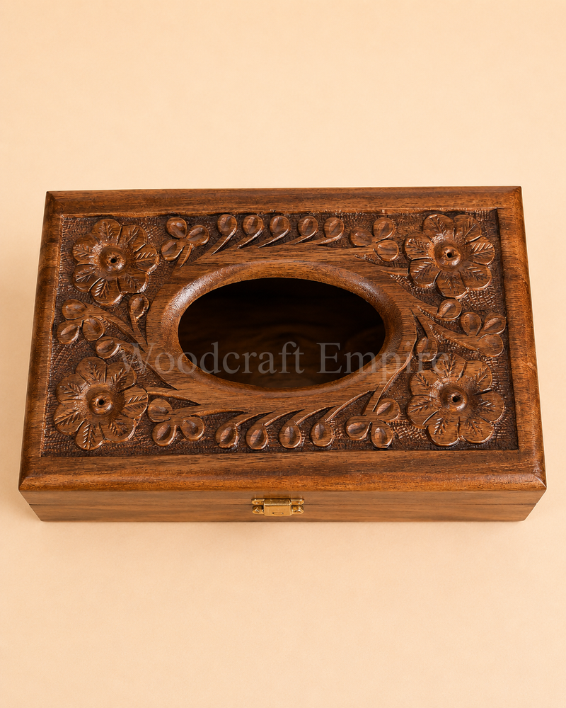 Hand-Carved Floral Wooden Tissue Box Holder