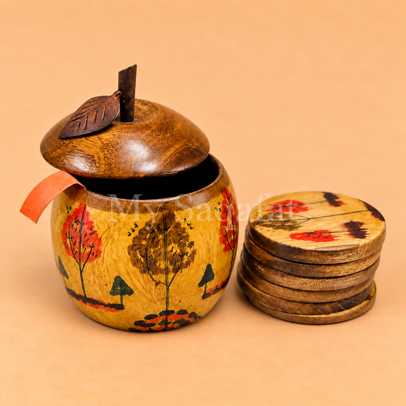 Wooden Hand-Painted coaster set with Holder