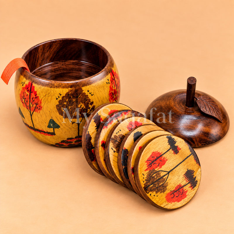 Wooden Hand-Painted coaster set with Holder